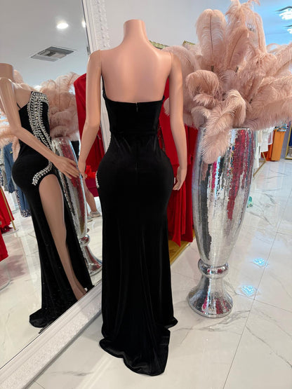 Obsidian Reverie Velvet Rhinestones Maxi Dress Black