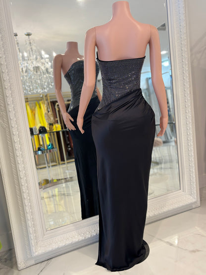 Lumina Drape Ruched Rhinestone Maxi Dress Black