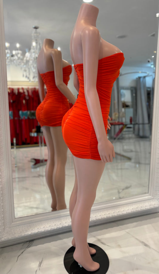 Divine Ruin Mesh Ruched Mini Dress Orange