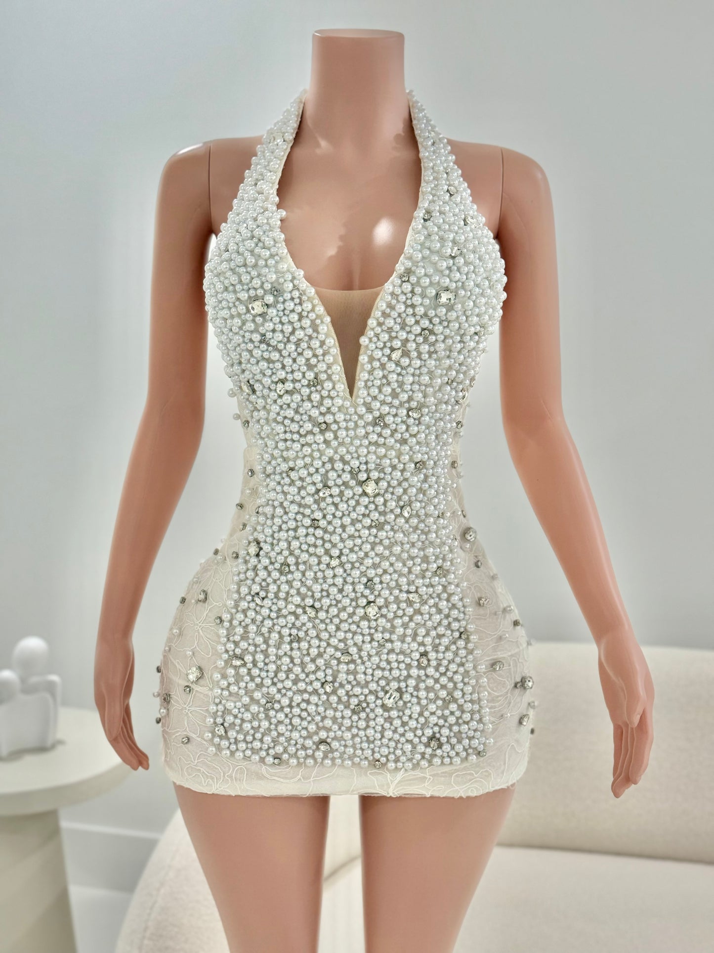 Party Pearl Rhinestones Mini Dress White