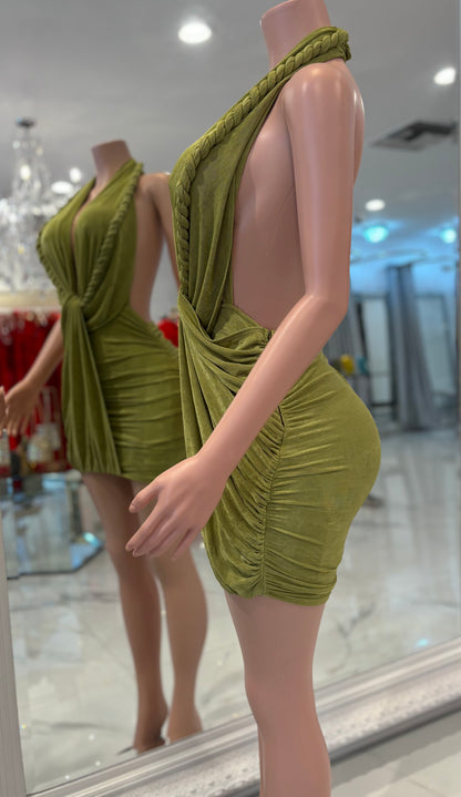 Braid of Desire Ruched Mini Dress Green