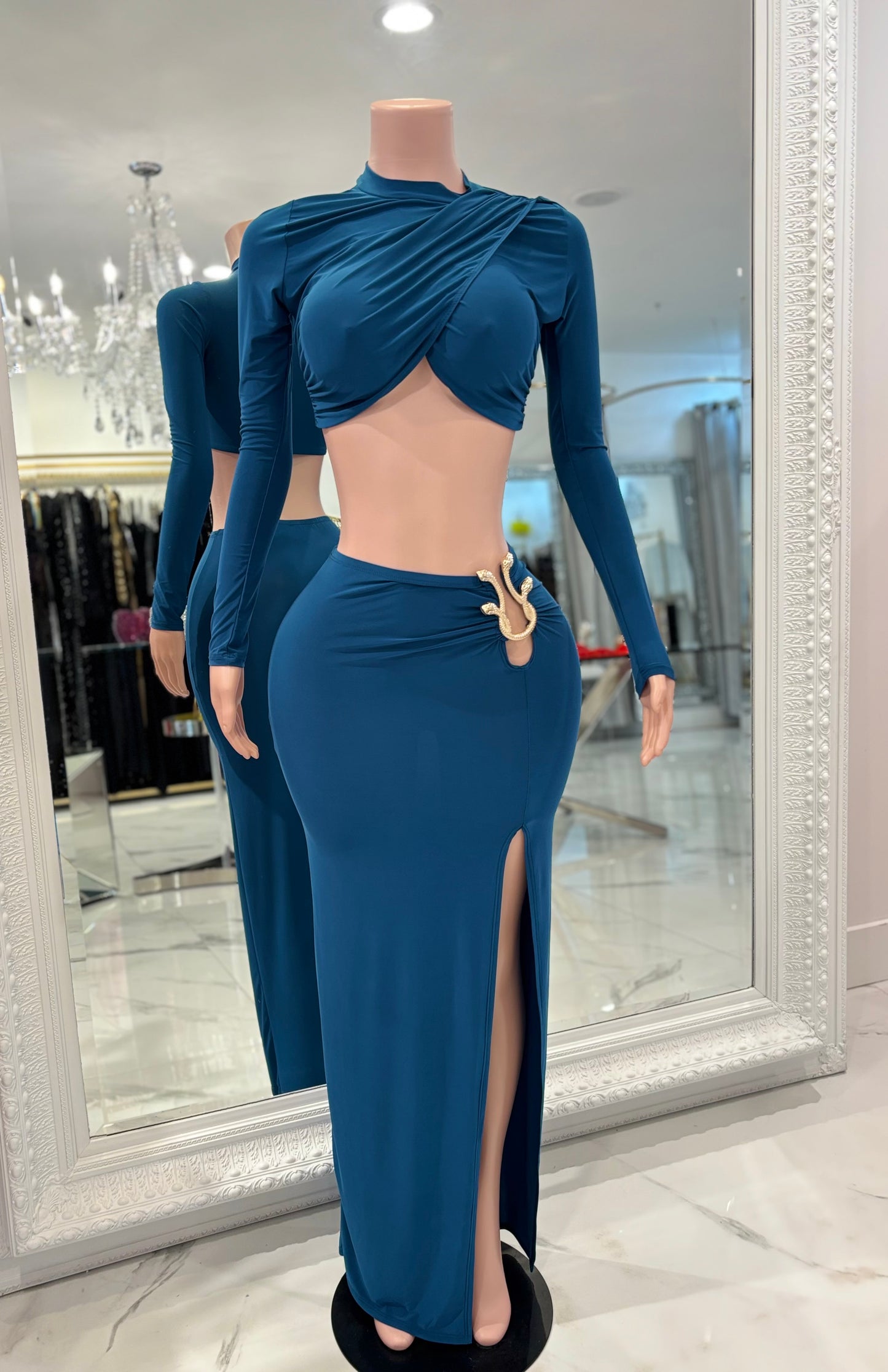 Velouris Drape Ruched Skirt Set Blue