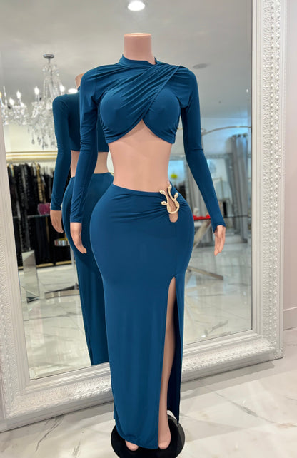 Velouris Drape Ruched Skirt Set Blue