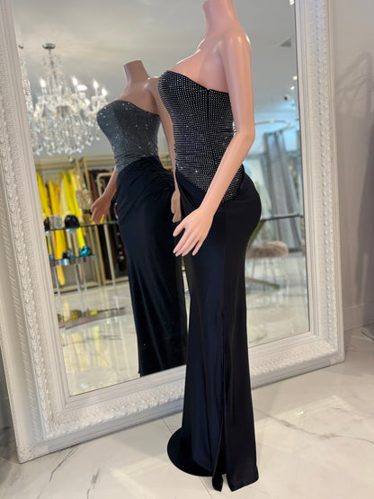 Lumina Drape Ruched Rhinestone Maxi Dress Black