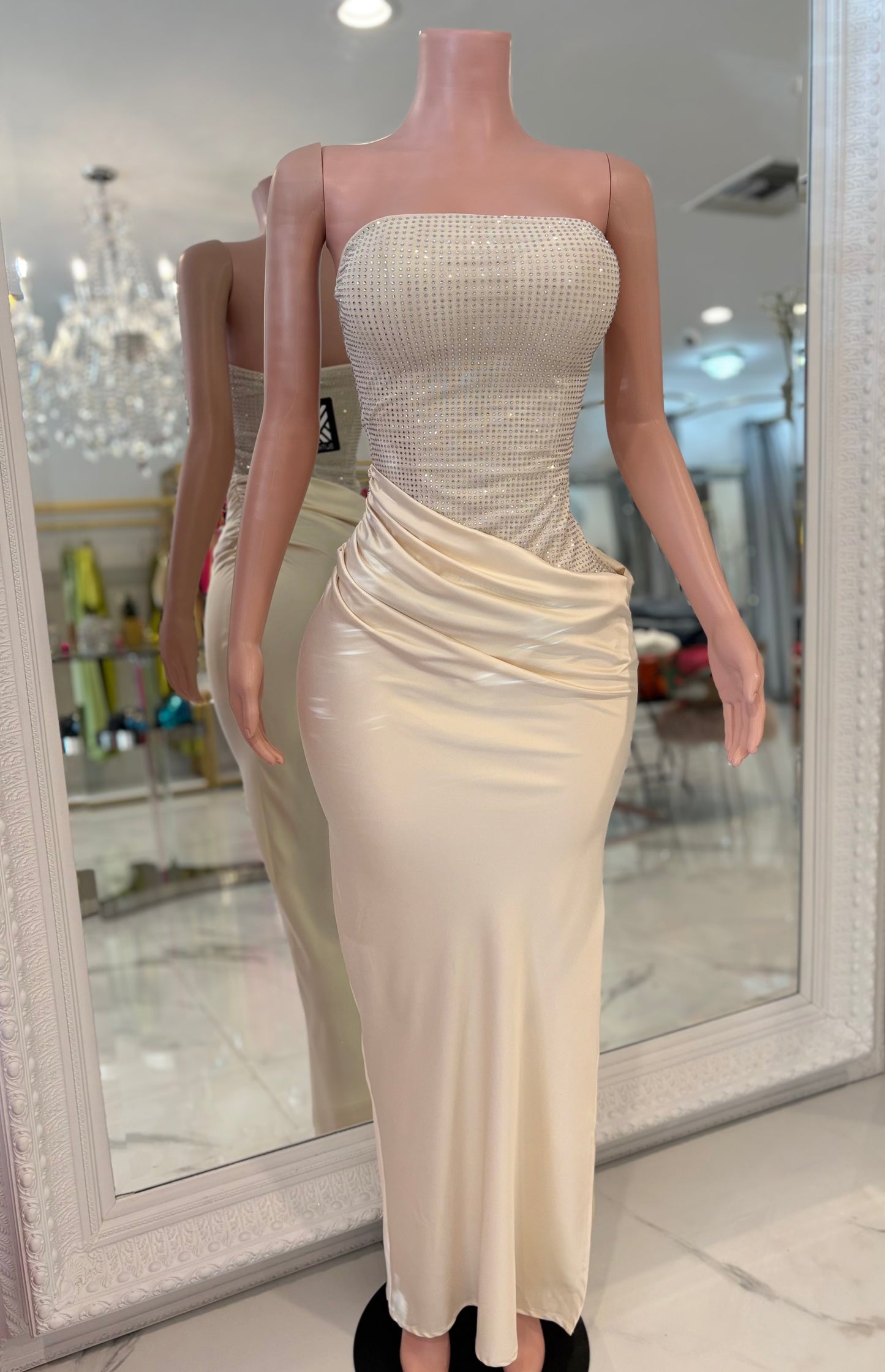 Lumina Drape Ruched Rhinestone Maxi Dress Nude