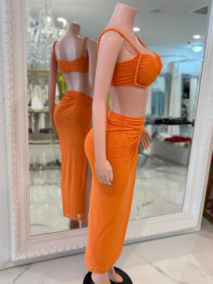 Mely  Mesh Ruched Skirt Set Orange
