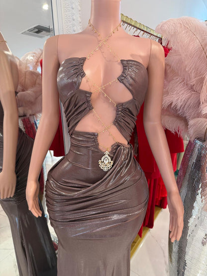 Celestial Cascade Ruched Metallic Maxi Dress Pink