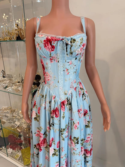 The Rosette Charm Floral Midi Dress Blue