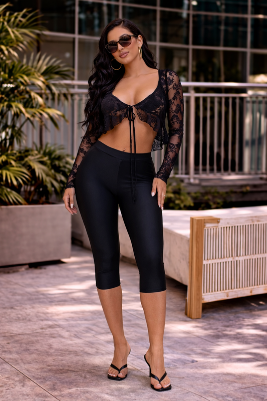 Romance Lace Floral Capri SET Black