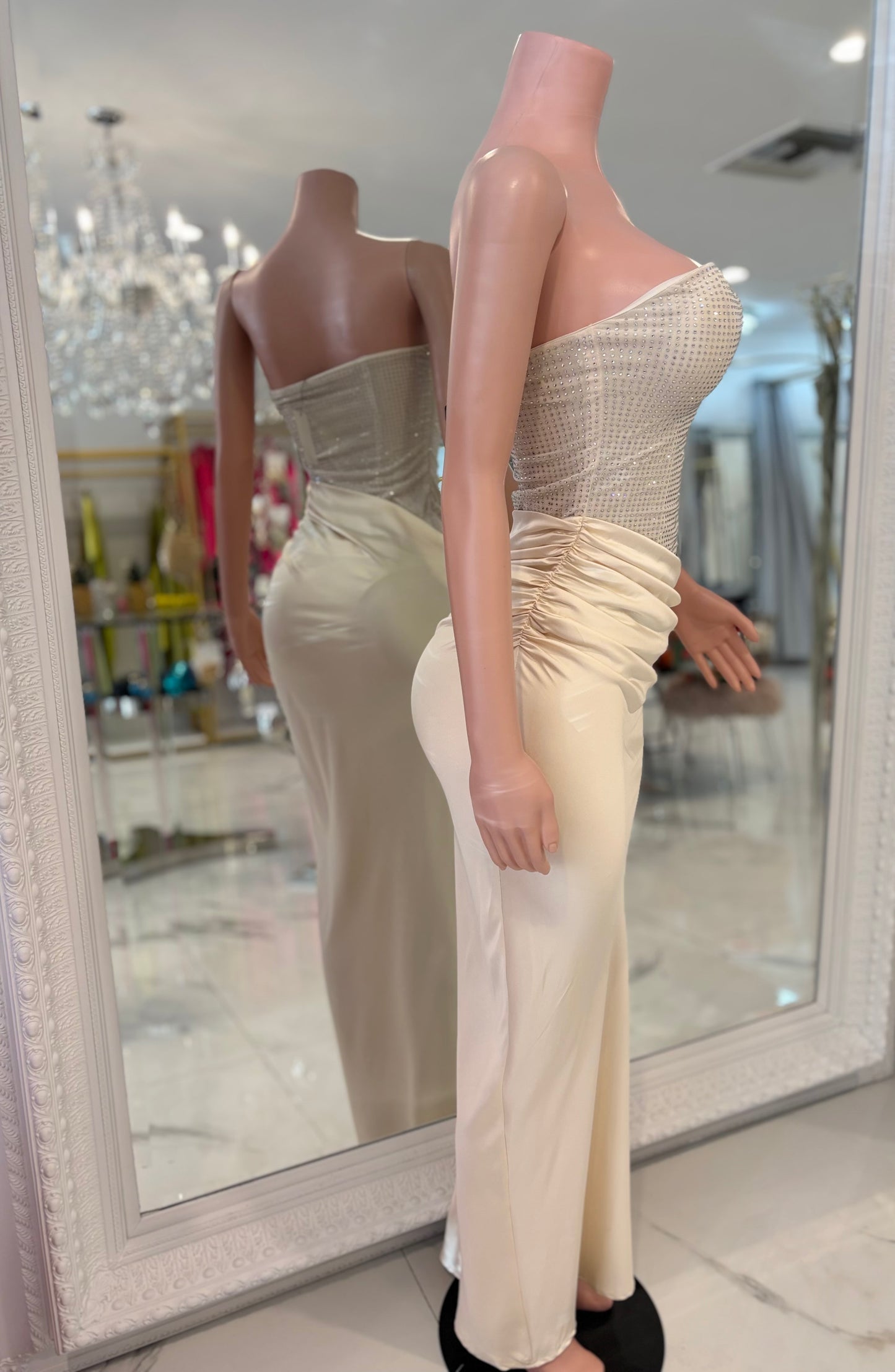Lumina Drape Ruched Rhinestone Maxi Dress Nude