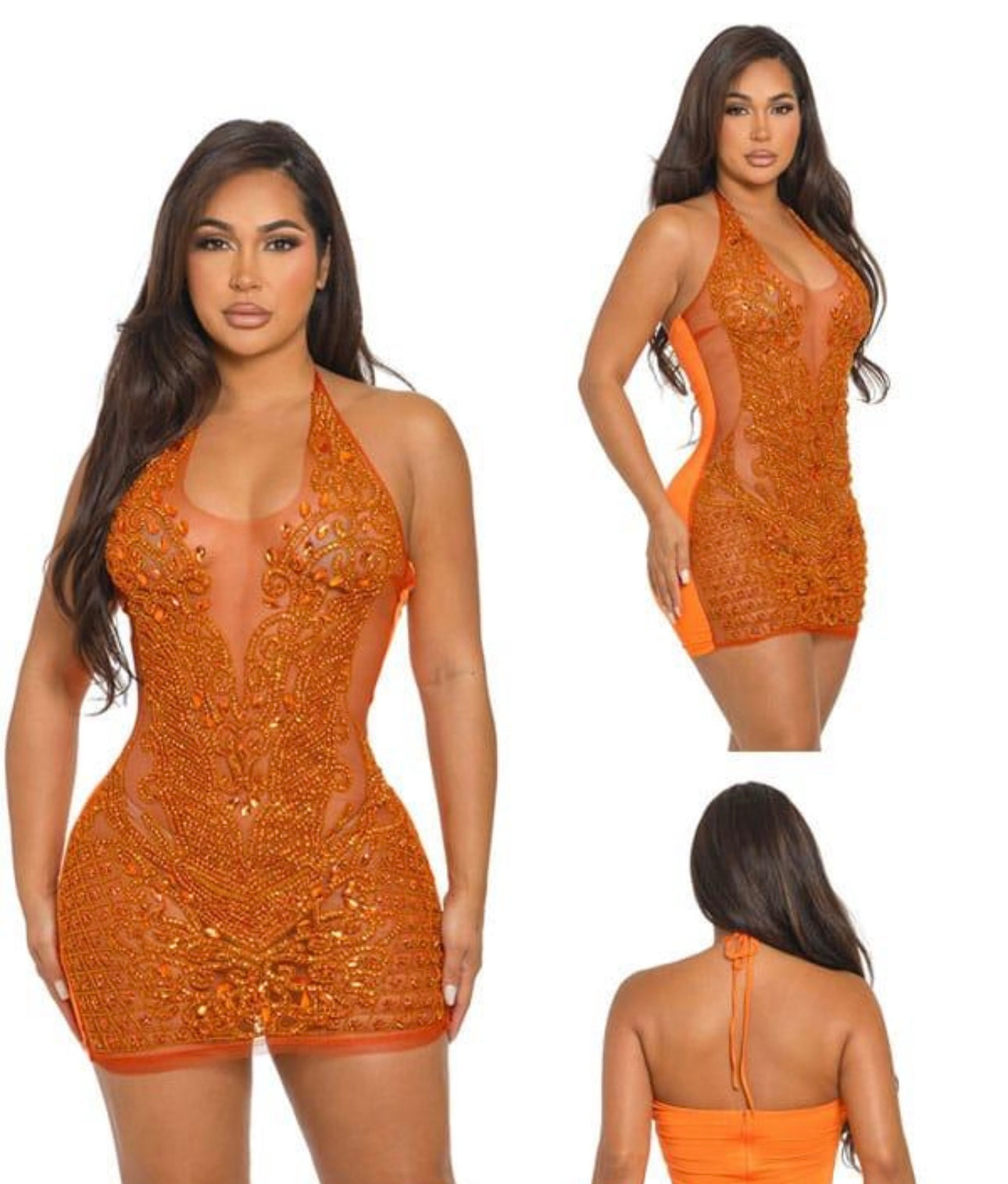 Magic Night Mesh Rhinestones Mini Dress Orange