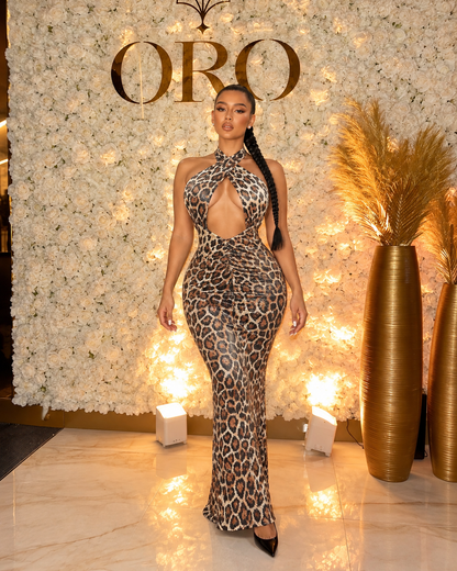 SERENGETI Glam Leopard RUCHED SEQUIN Maxi Dress Bronw