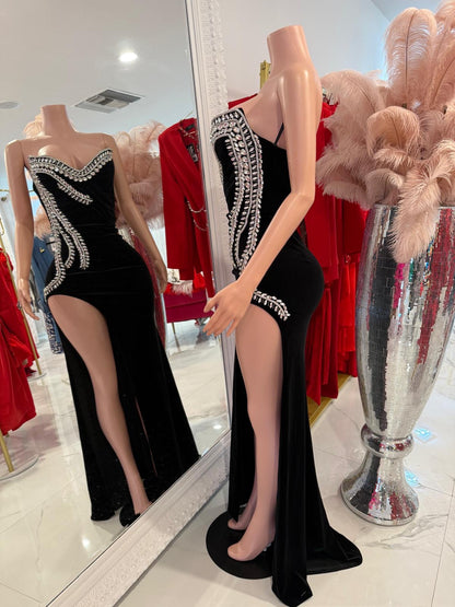 Obsidian Reverie Velvet Rhinestones Maxi Dress Black