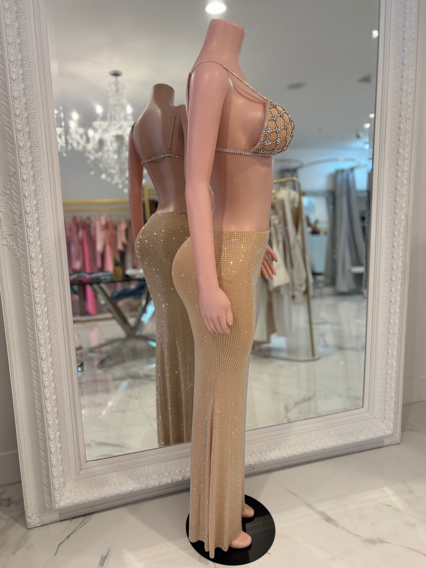 Lalo Rhinestone Skirt Set Nude