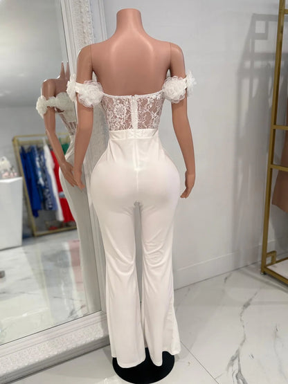 Rosette Lace Dream Floral Jumpsuit White