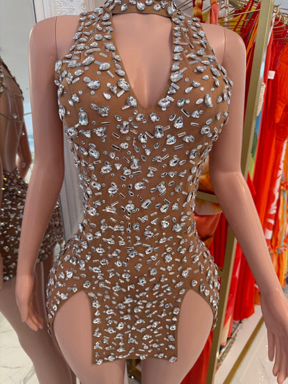 Prismatic Allure Rhinestone Mesh Mini Dress Nude