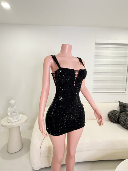 Queen Rhinestones Mini Dress Black