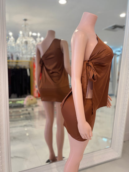 Lily Satin Ruched Skirt Set Brown