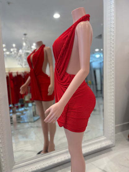 Braid of Desire Ruched Mini Dress Red
