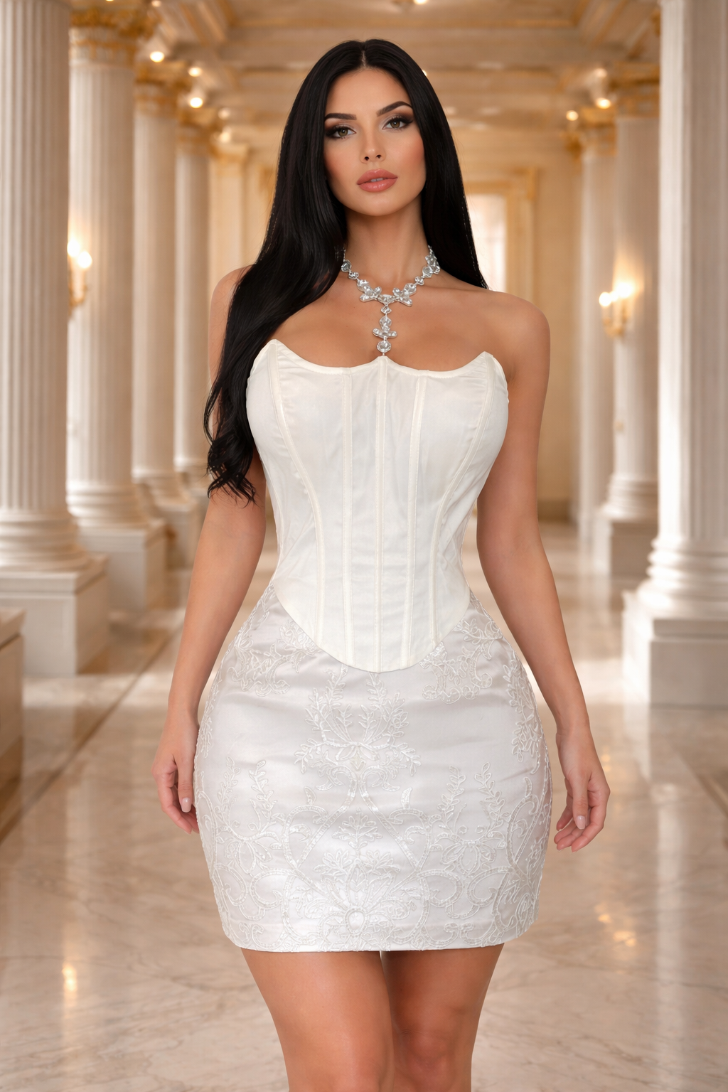 Rianna Corset Satin Rhinestones Mini Dress White