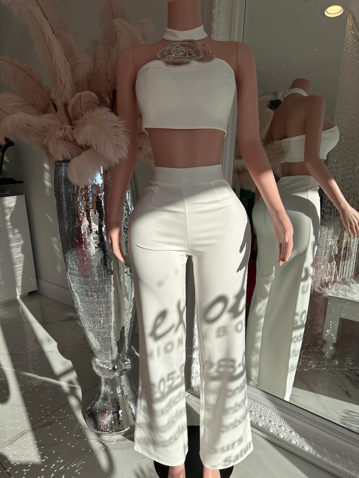 Divina Rose Diamond Pant Set White