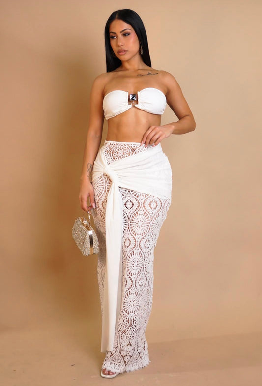 Marbella Allure Crochet Ruched Skirt Set White