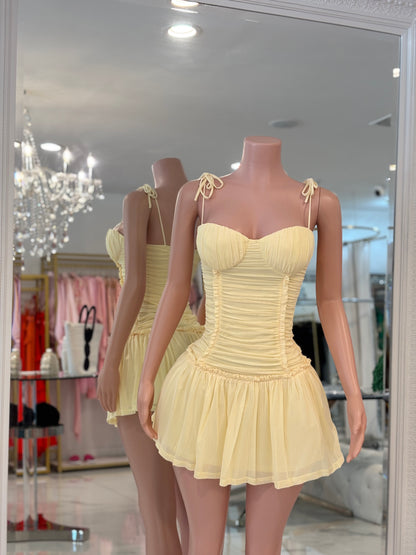 Royi Ruched Mesh Mini Dress Yellow