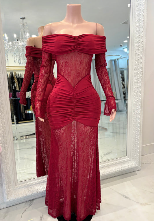 Mony Essence Lace Ruched Maxi Dress Rojo Vino