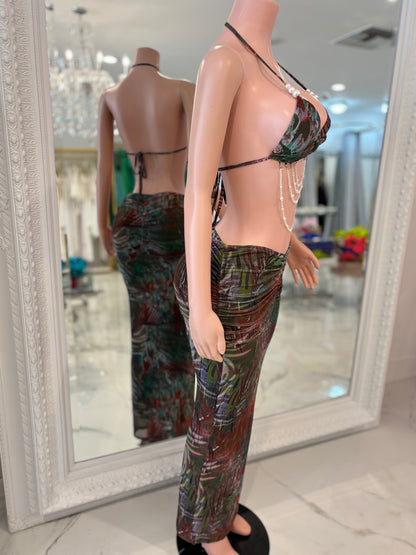 Jungle Mirage Pearl Mesh Ruched Skirt Set Green