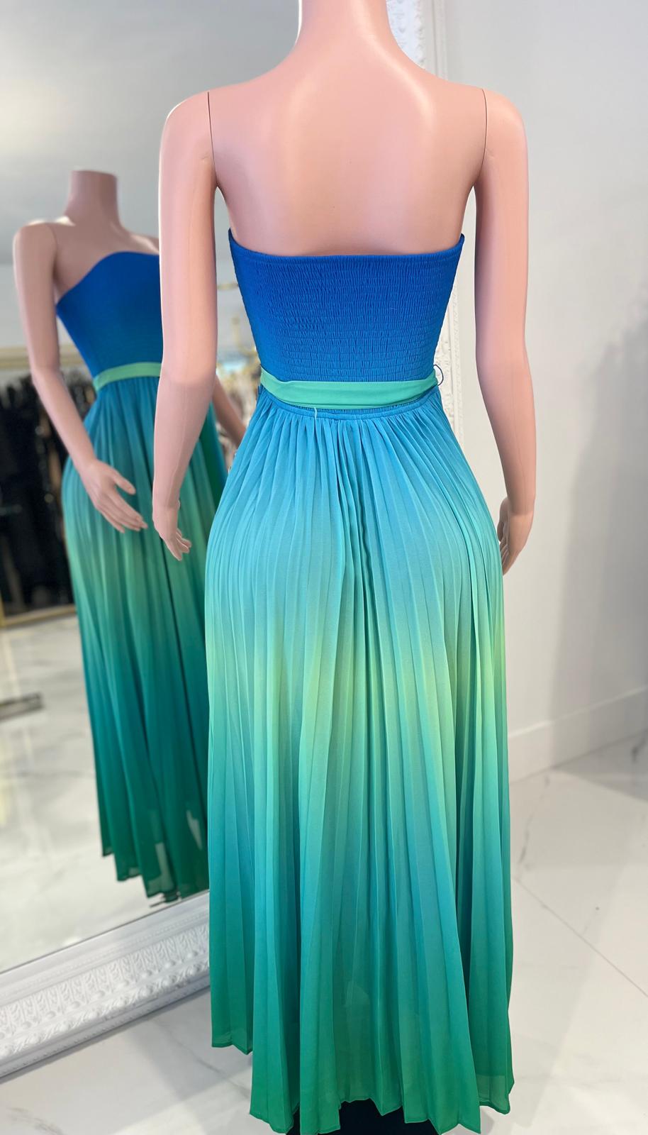 Saphira Blue Green Ombré Strapless Maxi Dress