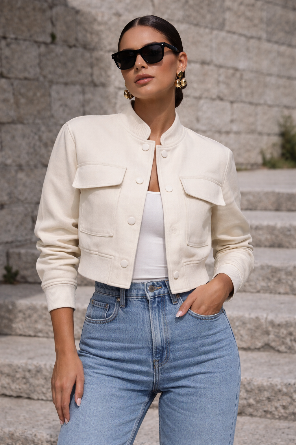 Cream Cropped Bomber Jacket