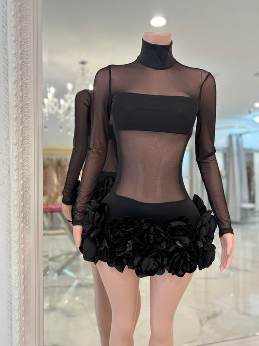 Bloom Veil Mesh Floral Mini Dress Black