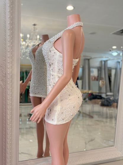 Party Pearl Rhinestones Mini Dress White