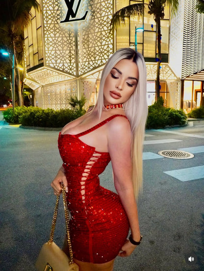 Queen Rhinestones Mini Dress Red