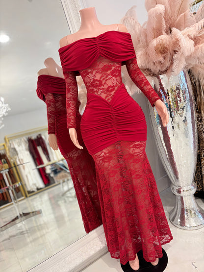 Mony Essence Lace Ruched Maxi Dress Red