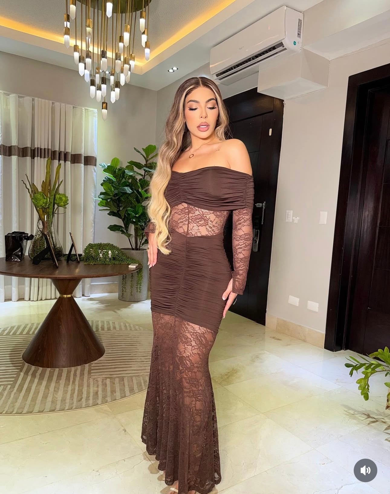 Elisa Lace Ruched Maxi Dress Brown