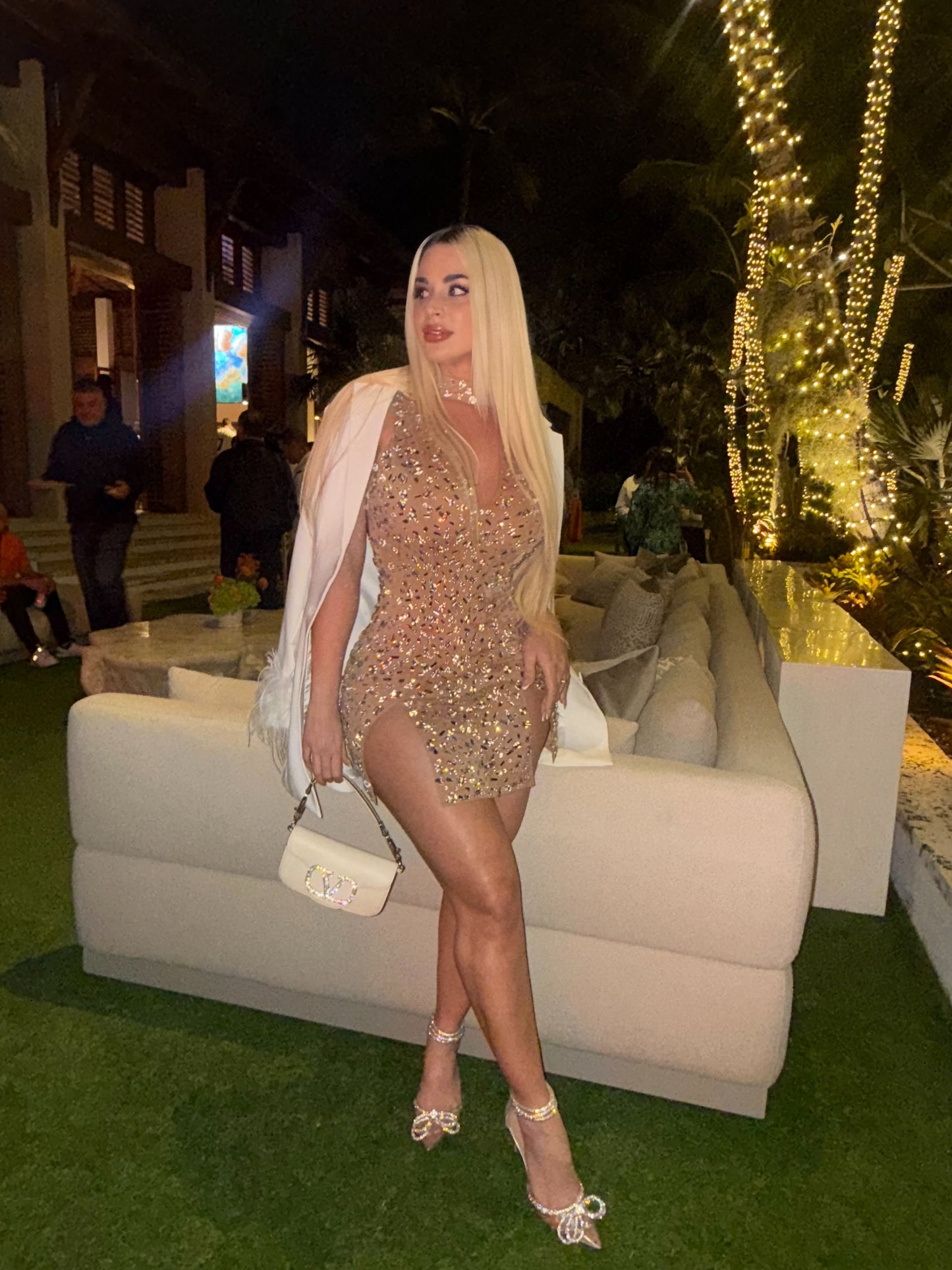 Prismatic Allure Rhinestone Mesh Mini Dress Nude