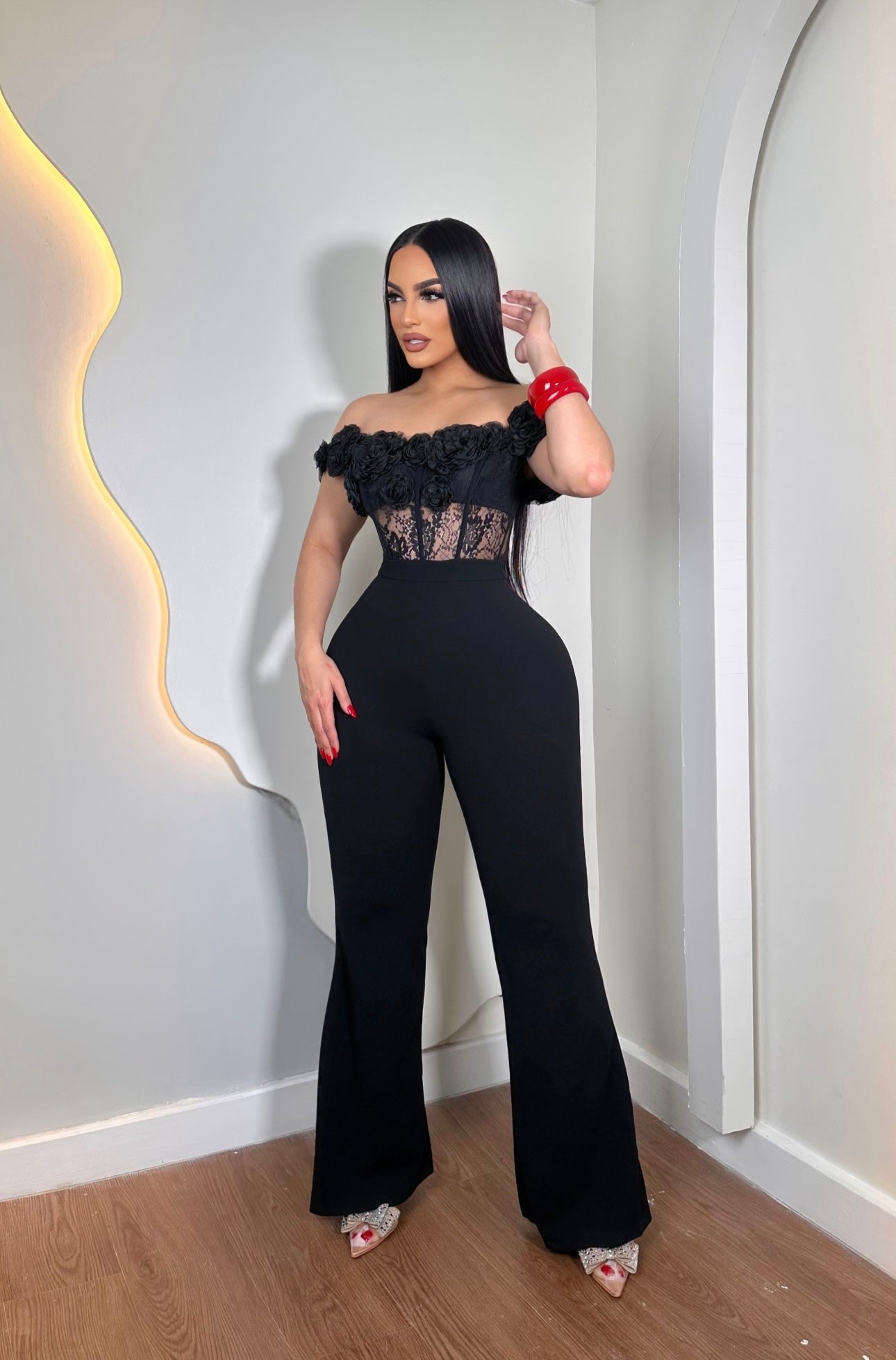 Rosette Lace Dream Floral Jumpsuit Black