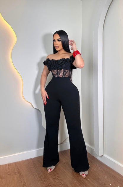 Rosette Lace Dream Floral Jumpsuit Black