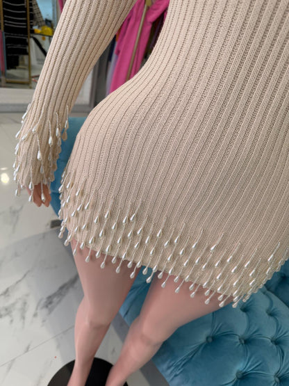 Chic Fringe Knit Pearls Mini Dress Nude