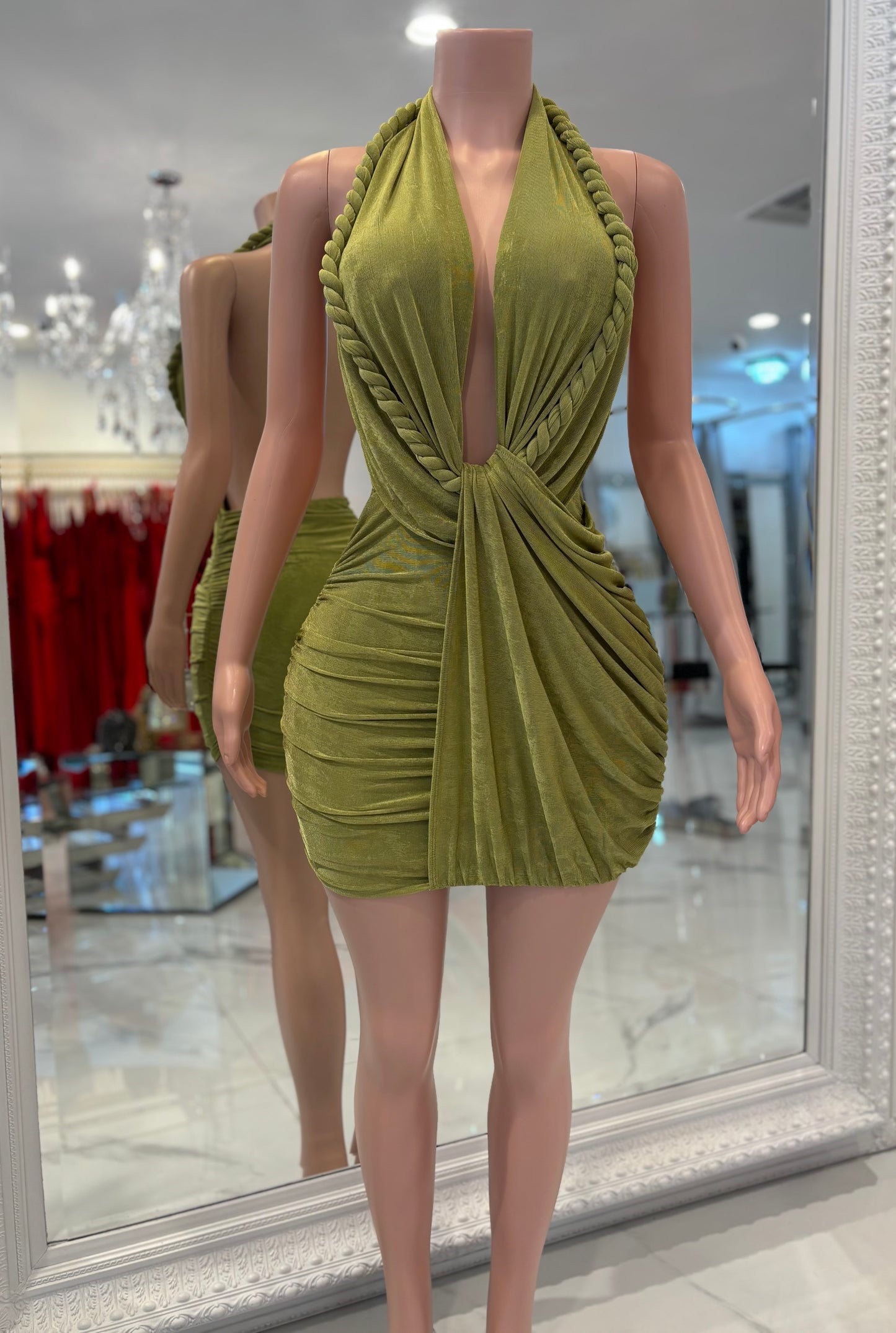 Braid of Desire Ruched Mini Dress Green