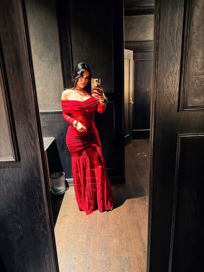 Mony Essence Lace Ruched Maxi Dress Rojo Vino