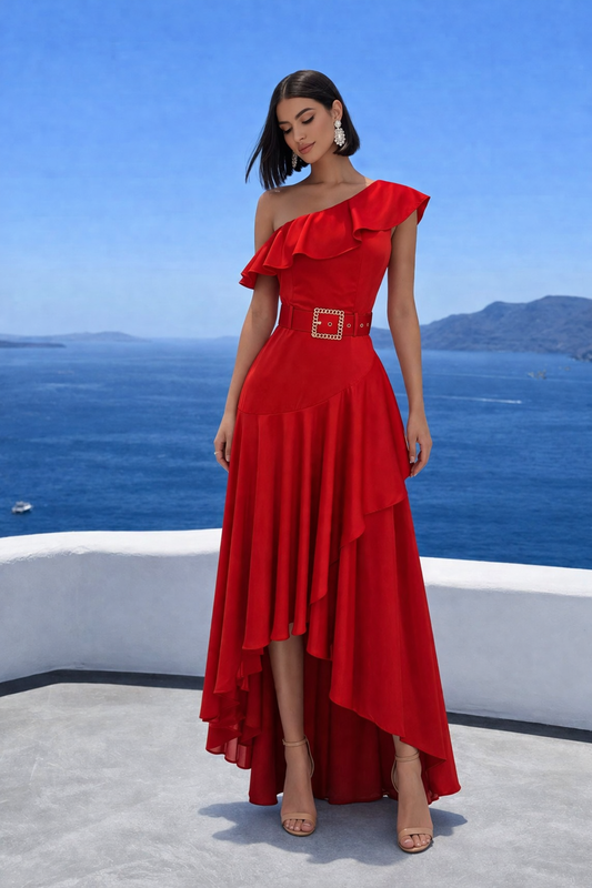 Emerald Rhapsody Satin Maxi Dress Red