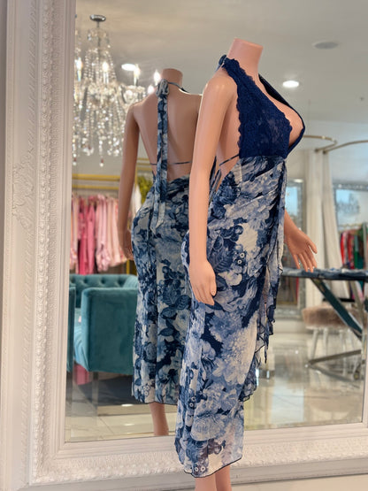The Scarlet Bloom Ruched Lace Floral Maxi Dress Blue