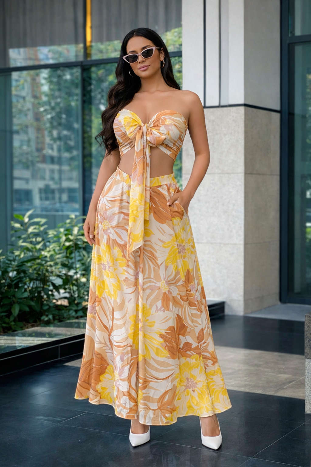 Tropical Floral Drift Pant Set Yellow