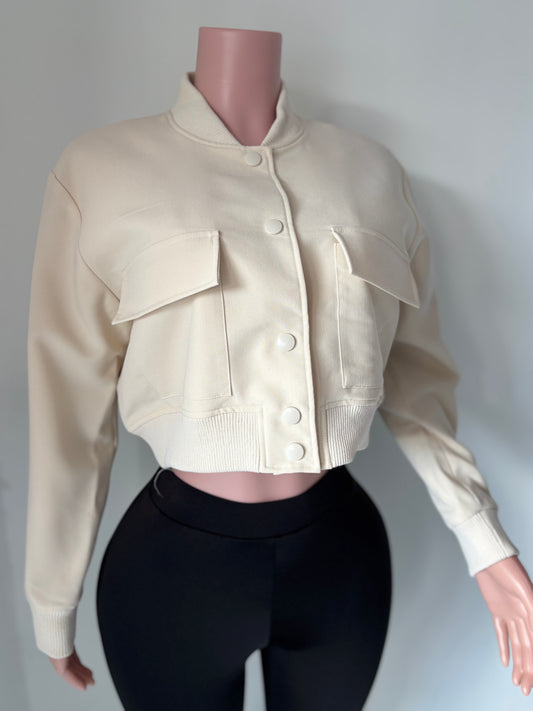 Cream Cropped Bomber Jacket