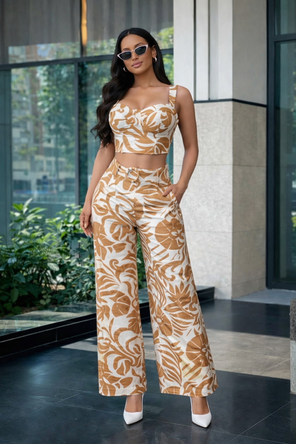 Palm Whisper Floral Pant Set Nude