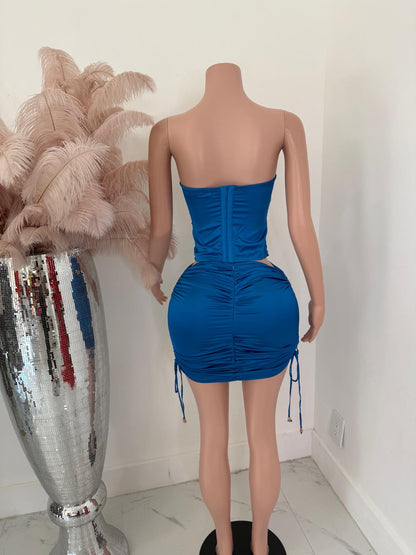 Aurora Luxe Satin Ruched Skirt Set Blue