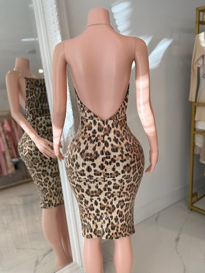 Sheni Chain Leopard Sequin Midi Dress Brown