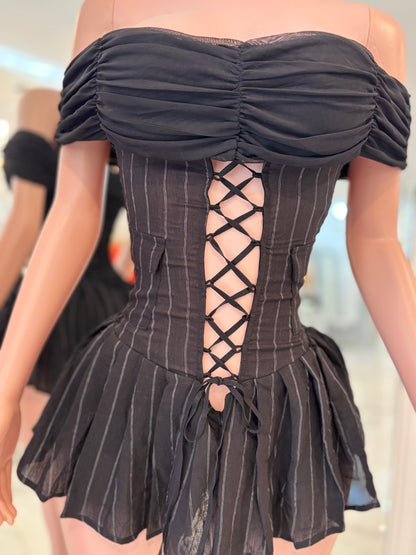 After Hours Mesh Stripes Ruched Romper Black
